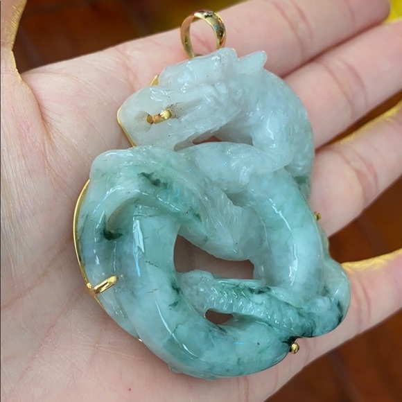 14K Real Gold Carved Dragon Natural Jade Pendant L - Picture 7 of 16